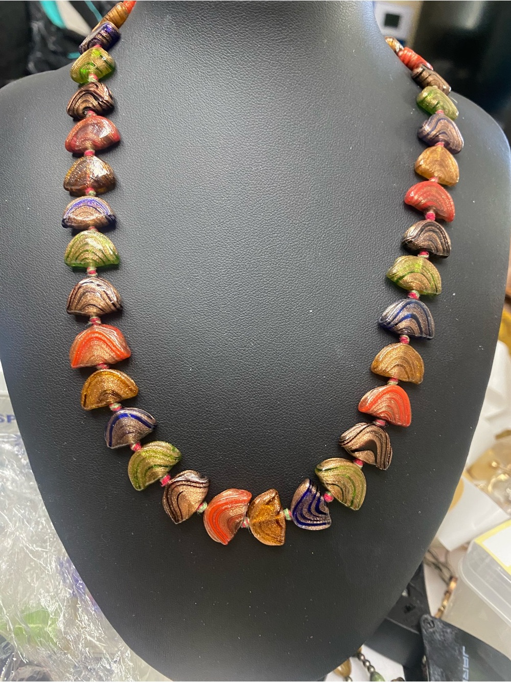 Art Glass Aventurine Swirl Bead Necklace Multicolor Hand Knotted Murano Style
